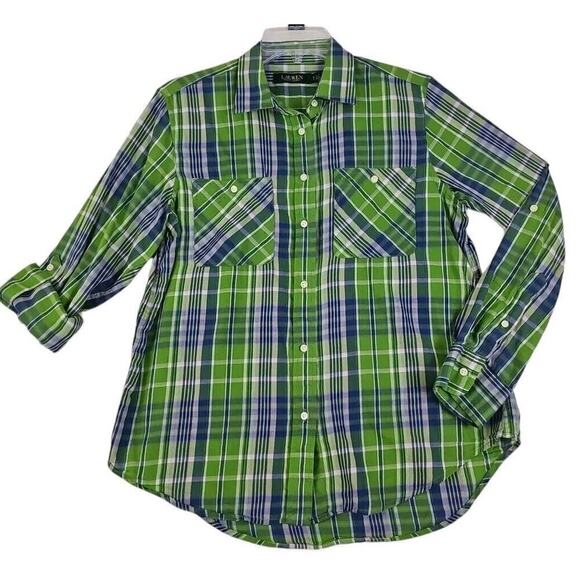 Lauren Ralph Lauren LRL ~Woman Size L Petite~ Green/Blue Plaid Shirt Long Sleeve - Picture 1 of 12